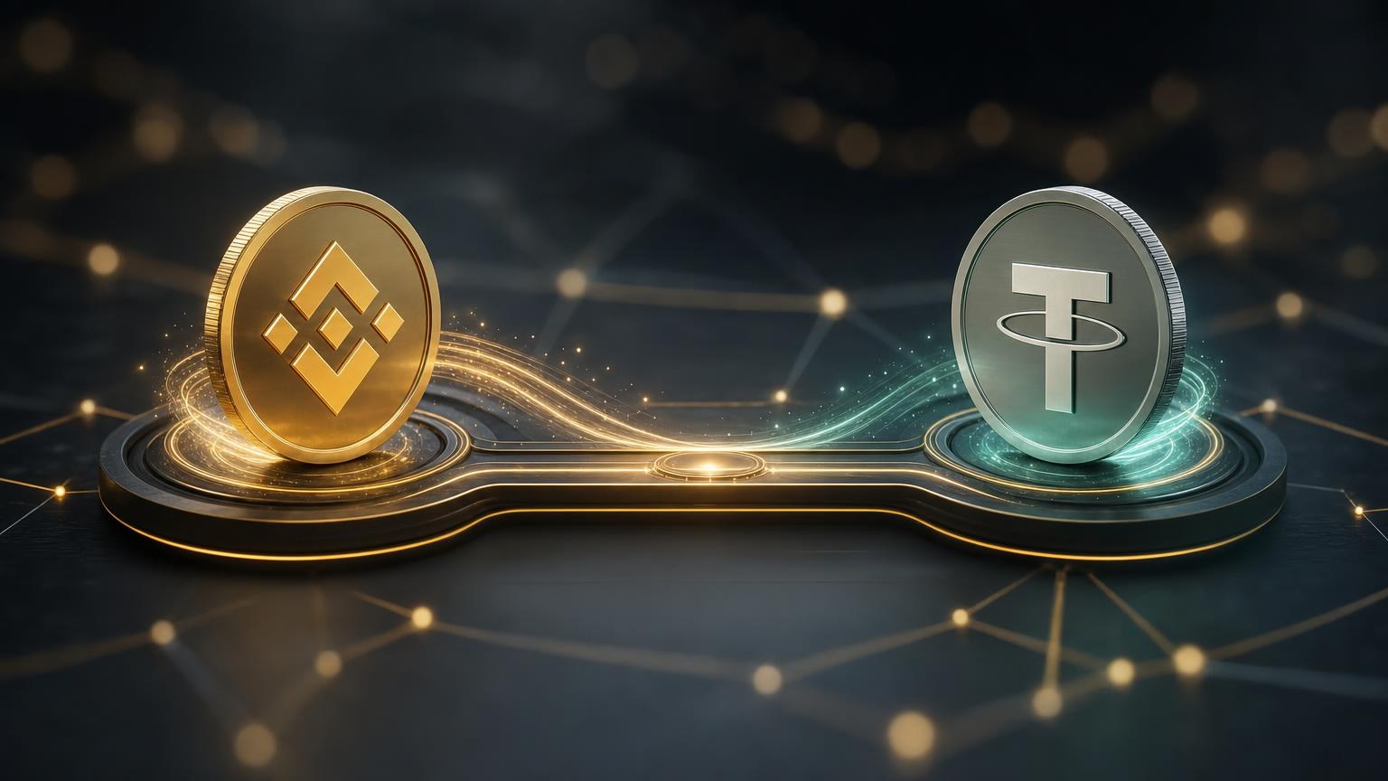 BNB and USDT displayed beside a wallet interface comparing BNB Smart Chain, Ethereum, and Tron network routes